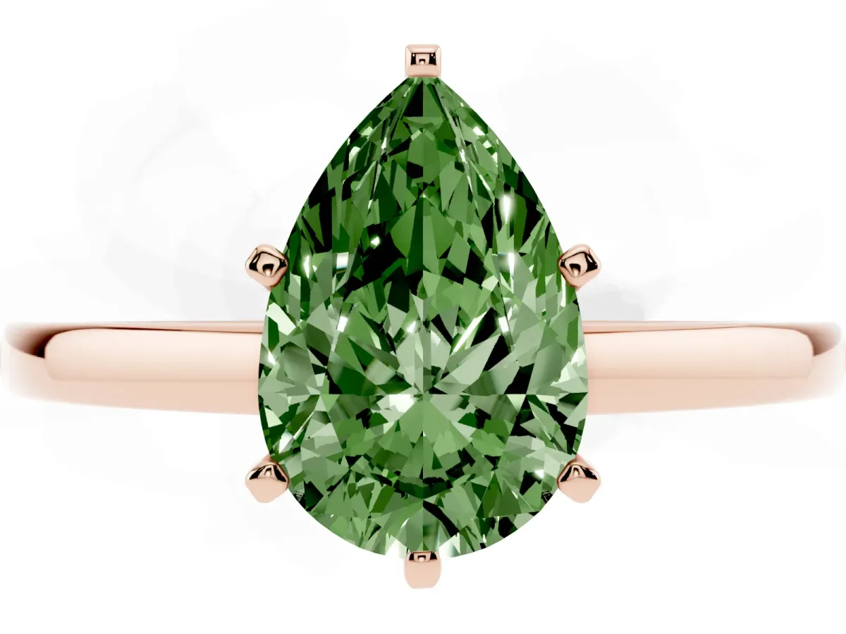 Fancy Green Pear Cut Solitaire Diamond Engagement Ring with Four-Prong Setting on a Classic Band Rose gold