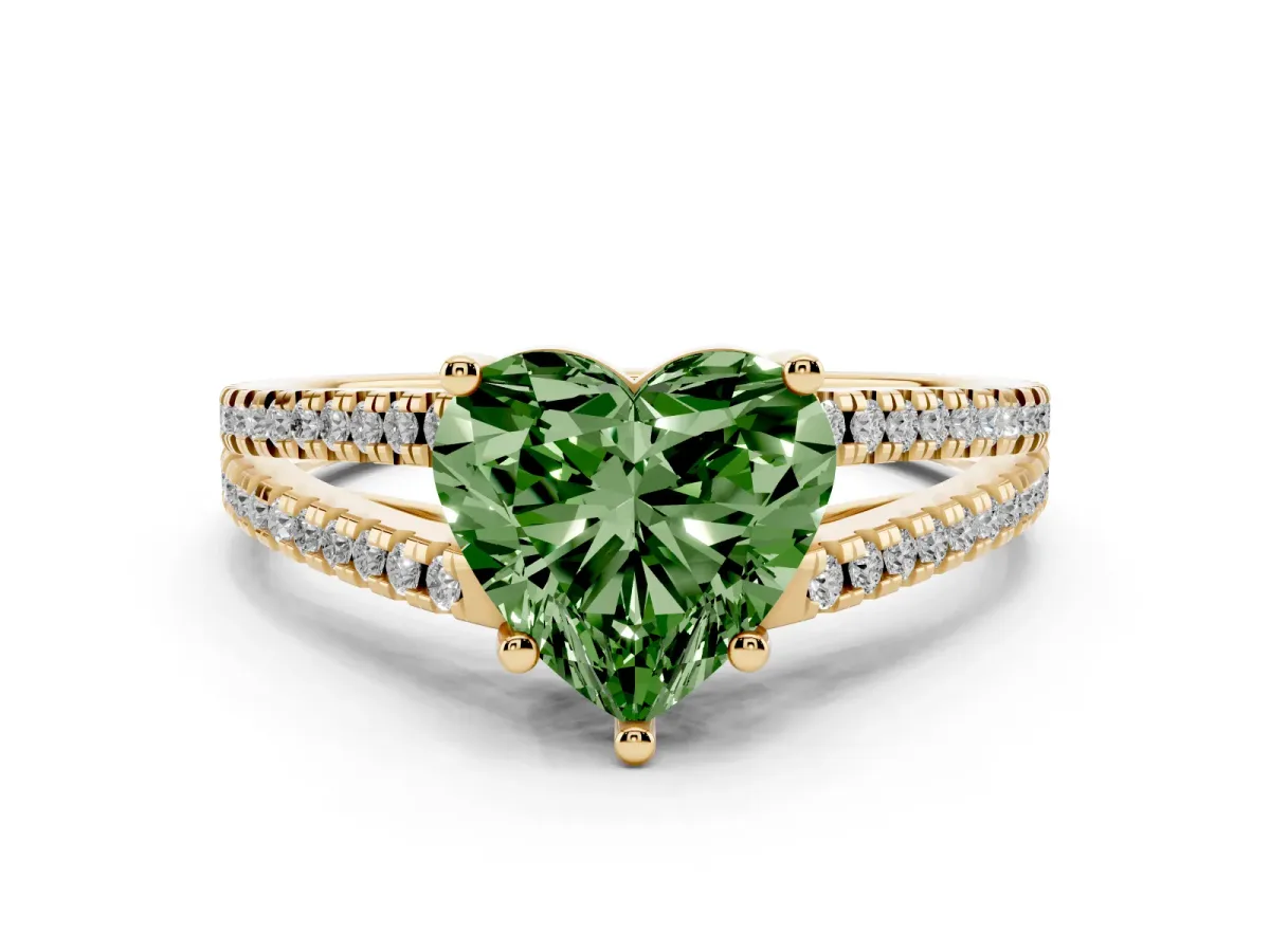 Fancy Green Heart Cut Diamond Solitaire Engagement Ring with Split Shank Pavé Band Yellow gold