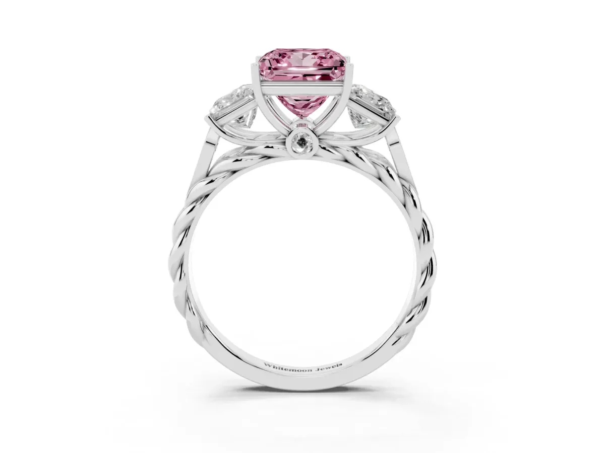 Fancy Pink Three-Stone Princess Cut Diamond Braided Band Ring with Four-Prong Setting Platinum