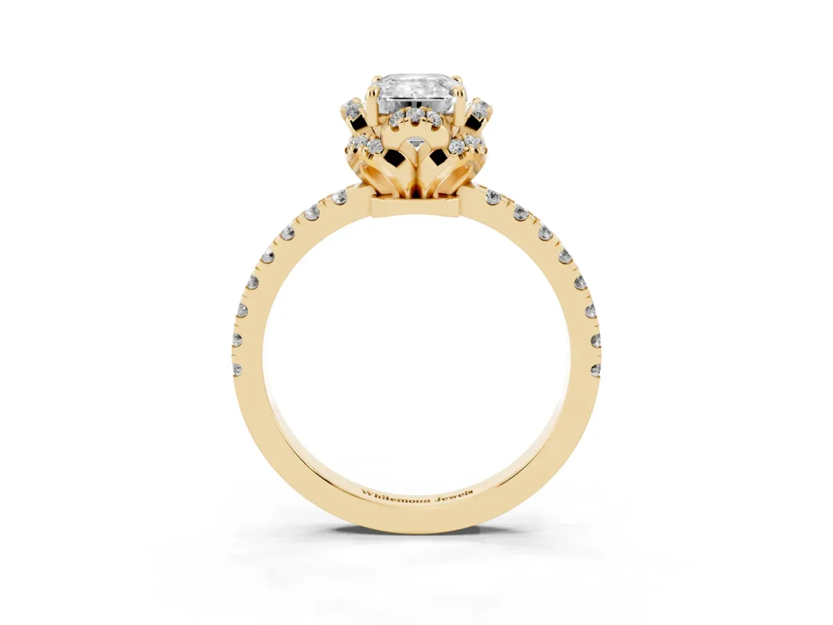 Emerald Cut Halo Diamond Pave Band Ring with Four-Prong Setting Yellow gold