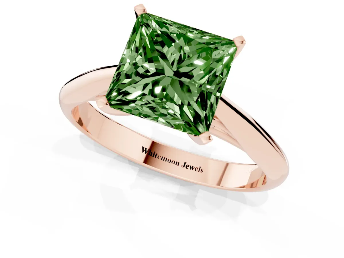 Fancy Green Princess Cut Diamond Solitaire Engagement Ring with Cathedral Setting and Four-Prong Mount Rose gold