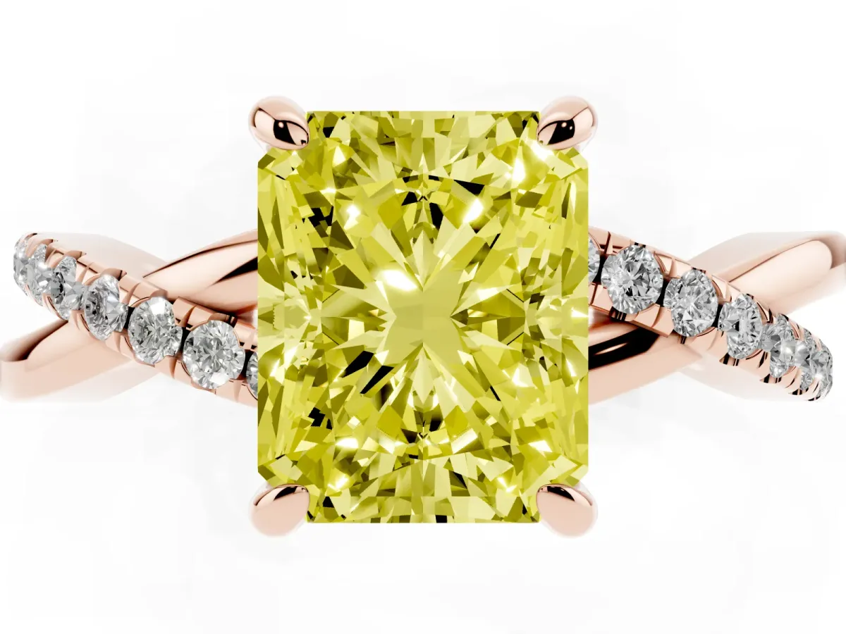 Fancy Yellow Radiant Cut Cut Diamond Twist Band Solitaire with Prong Setting Rose gold