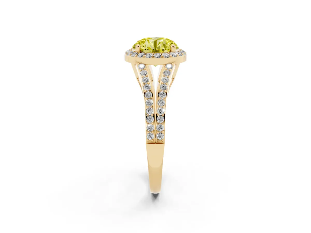 Fancy Yellow Round Cut Halo Split Shank Pave Diamond Ring with Four-Prong Setting Yellow gold