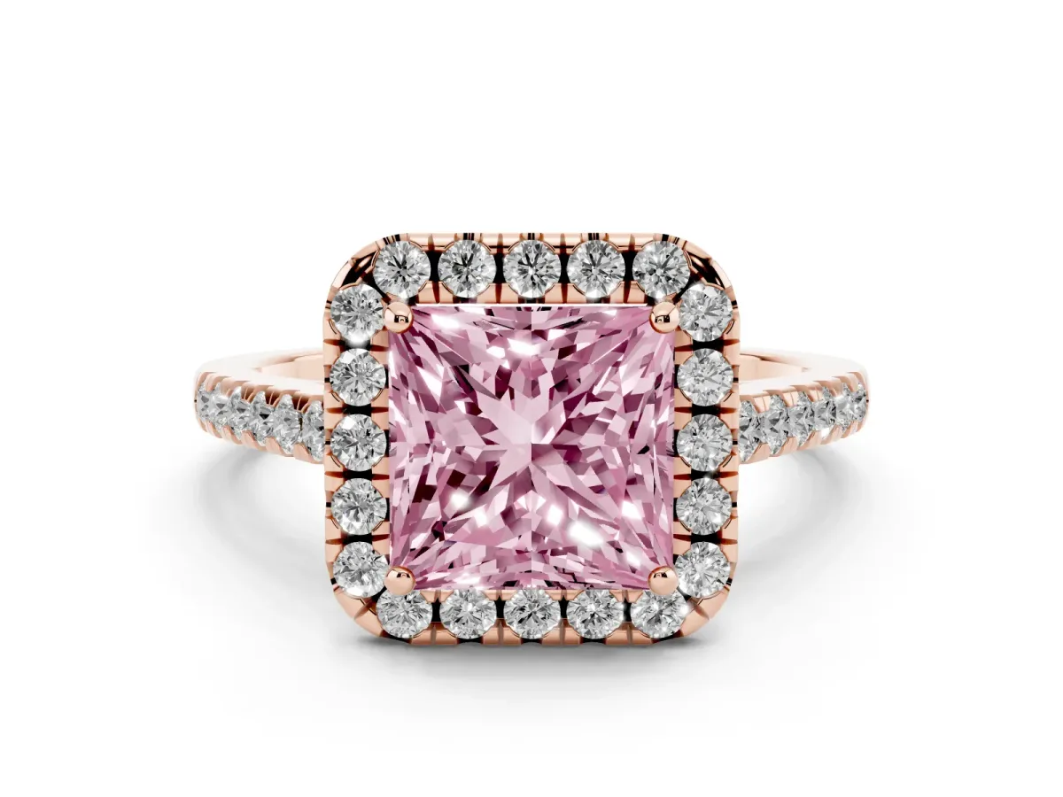 Fancy Pink Princess Cut Halo Pave Diamond Engagement Ring with Four-Prong Setting Rose gold