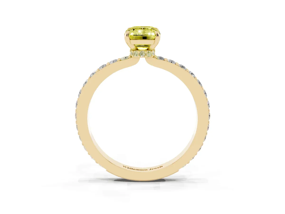 Fancy Yellow Emerald Cut Diamond Pavé Engagement Ring with Round Accents and Prong Setting Yellow gold