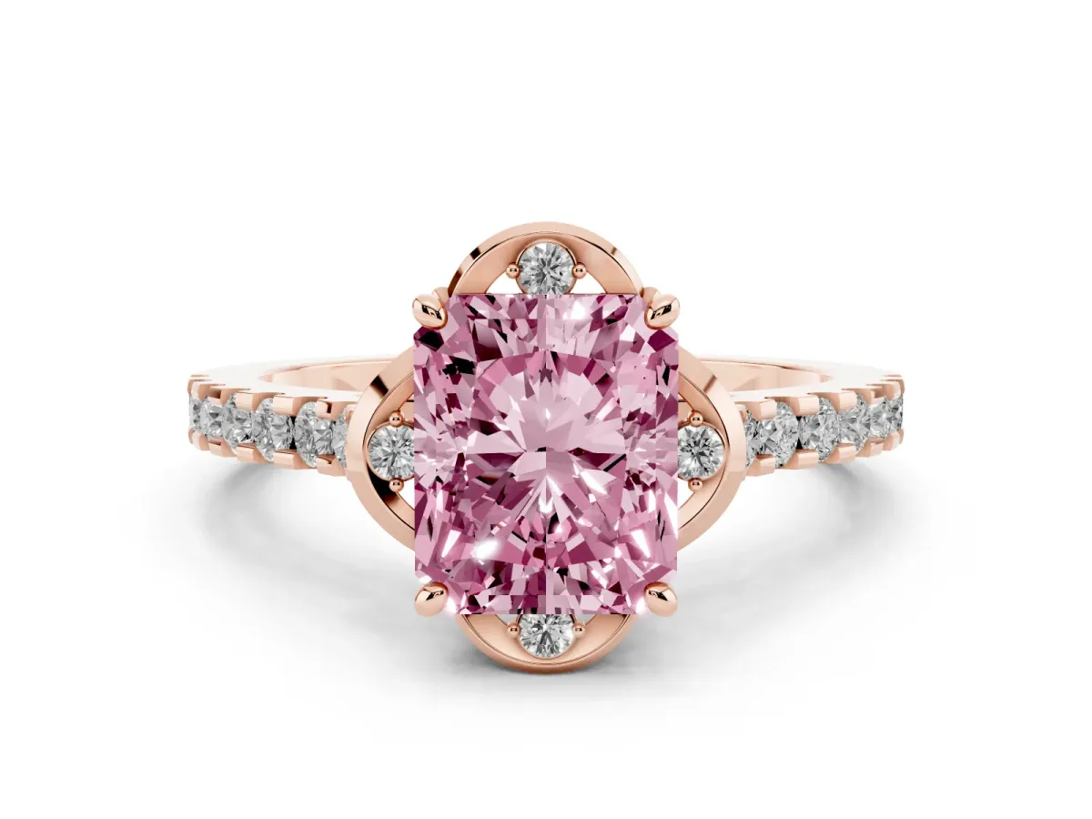 Fancy Pink Radiant Cut Diamond Ring with Pavé Band and Floral Prong Setting Rose gold