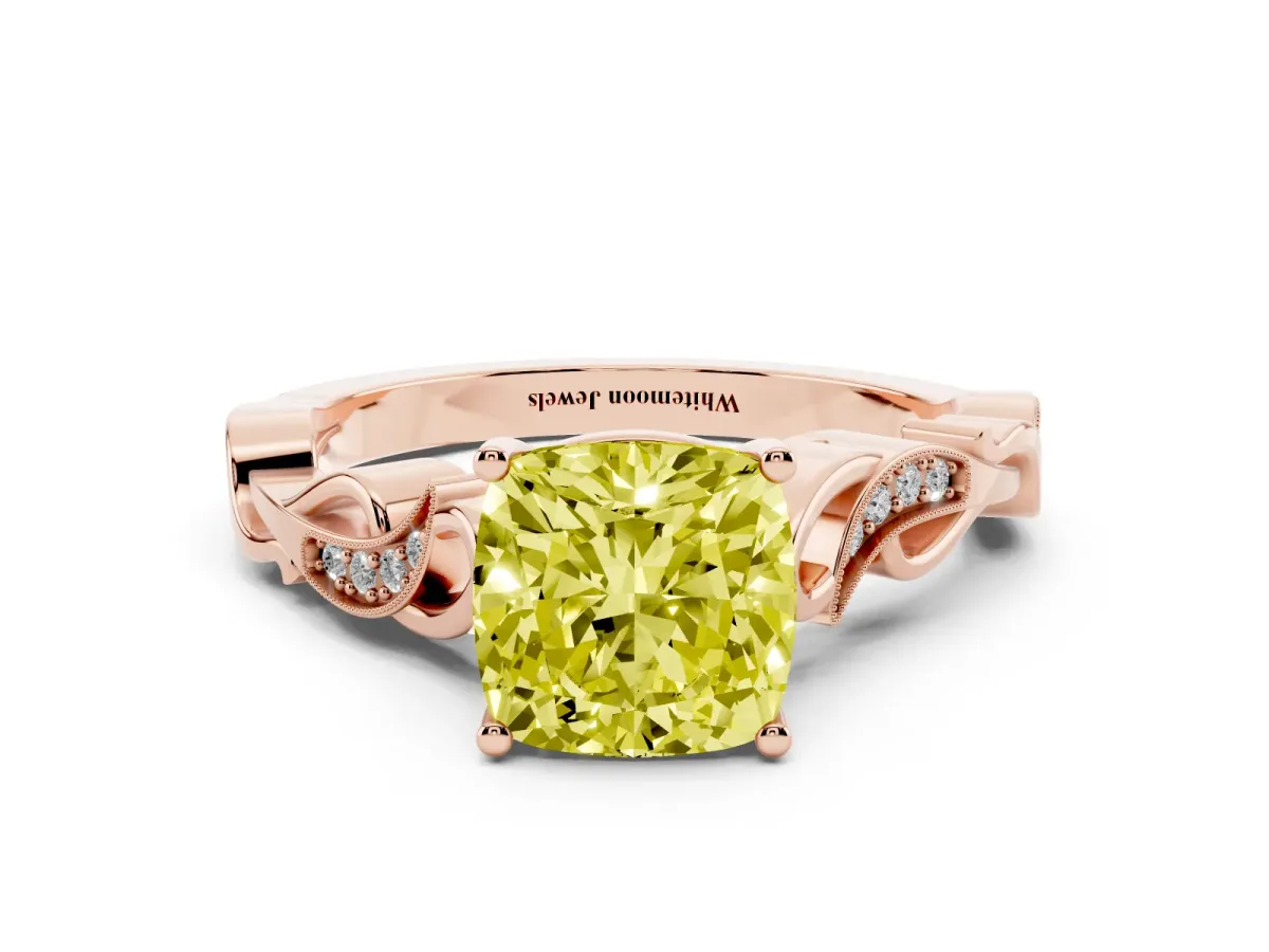Fancy Yellow Cushion Cut Solitaire Vine Band with Milgrain Prong Setting Rose gold