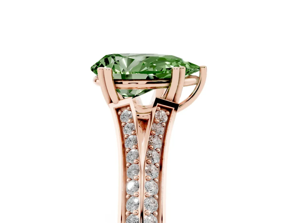 Fancy Green Pear Cut Diamond Split Shank Engagement Ring with Pavé Band Rose gold