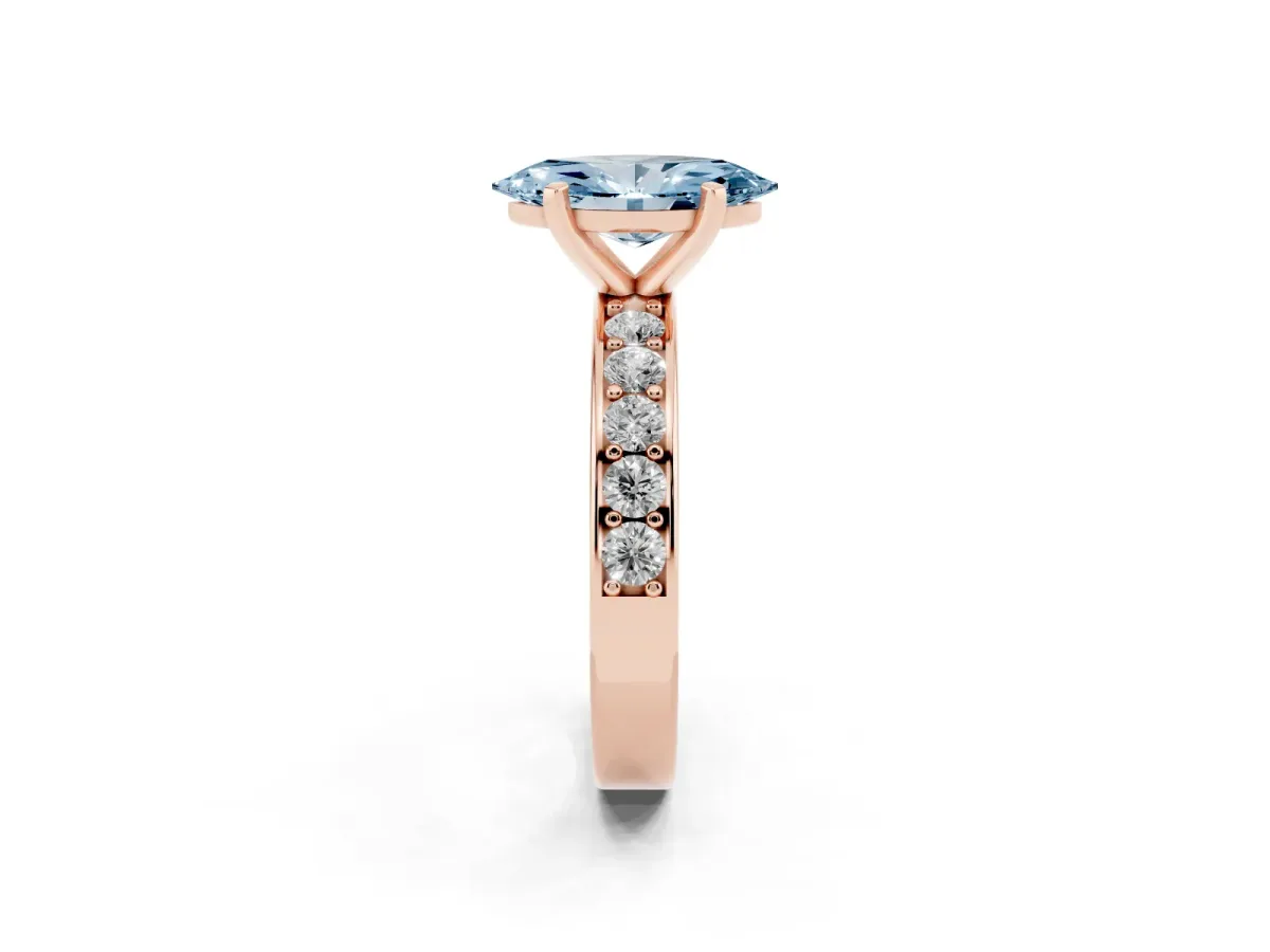 Fancy Blue Marquise Cut Diamond Engagement Ring with Channel Set Round Band and Prong Setting Rose gold