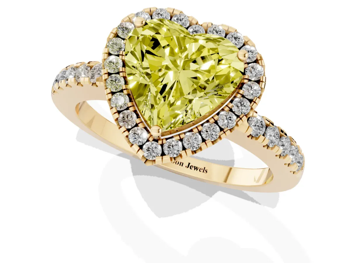 Fancy Yellow Heart Cut Halo Diamond Engagement Ring with Pavé Band and Four-Prong Setting Yellow gold