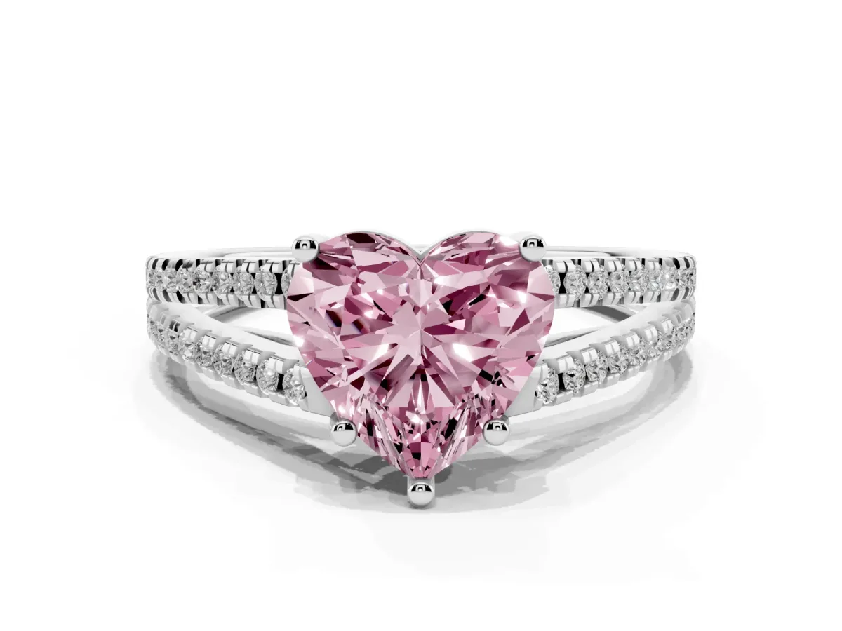 Fancy Pink Heart Cut Diamond Solitaire Engagement Ring with Split Shank Pavé Band Silver