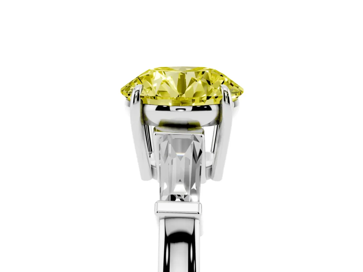 Fancy Yellow Round Cut Diamond Three-Stone Ring with Tapered Baguette Side Stones and Prong Setting Silver