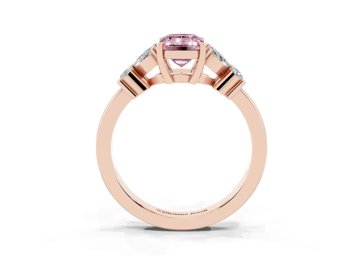 Fancy Pink Emerald Cut Diamond Floral Cluster Ring with Solitaire Band and Prong Setting Rose gold