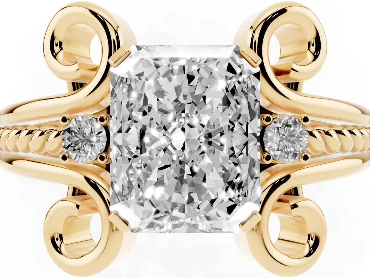 Radiant Cut Solitaire Twisted Band Scroll Prong Ring Yellow gold