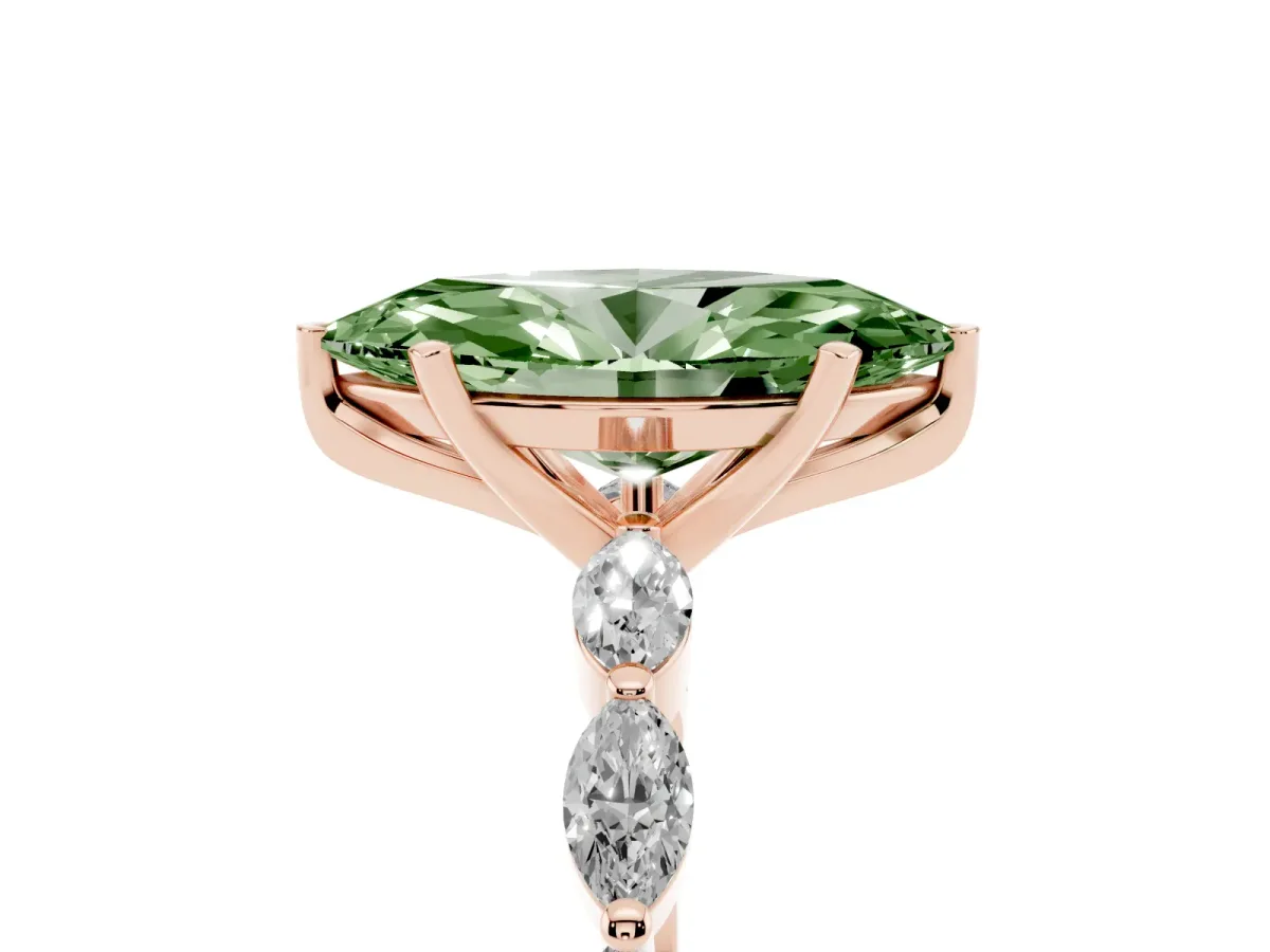 Fancy Green Marquise Cut Diamond Ring with Marquise Side Stones and Prong Setting Rose gold