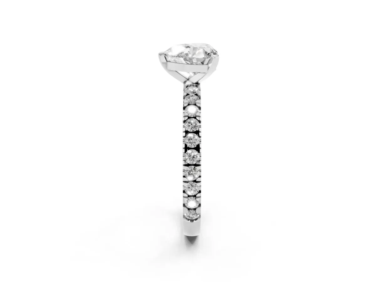Heart Cut Diamond Pavé Band Solitaire with Four-Prong Setting Silver