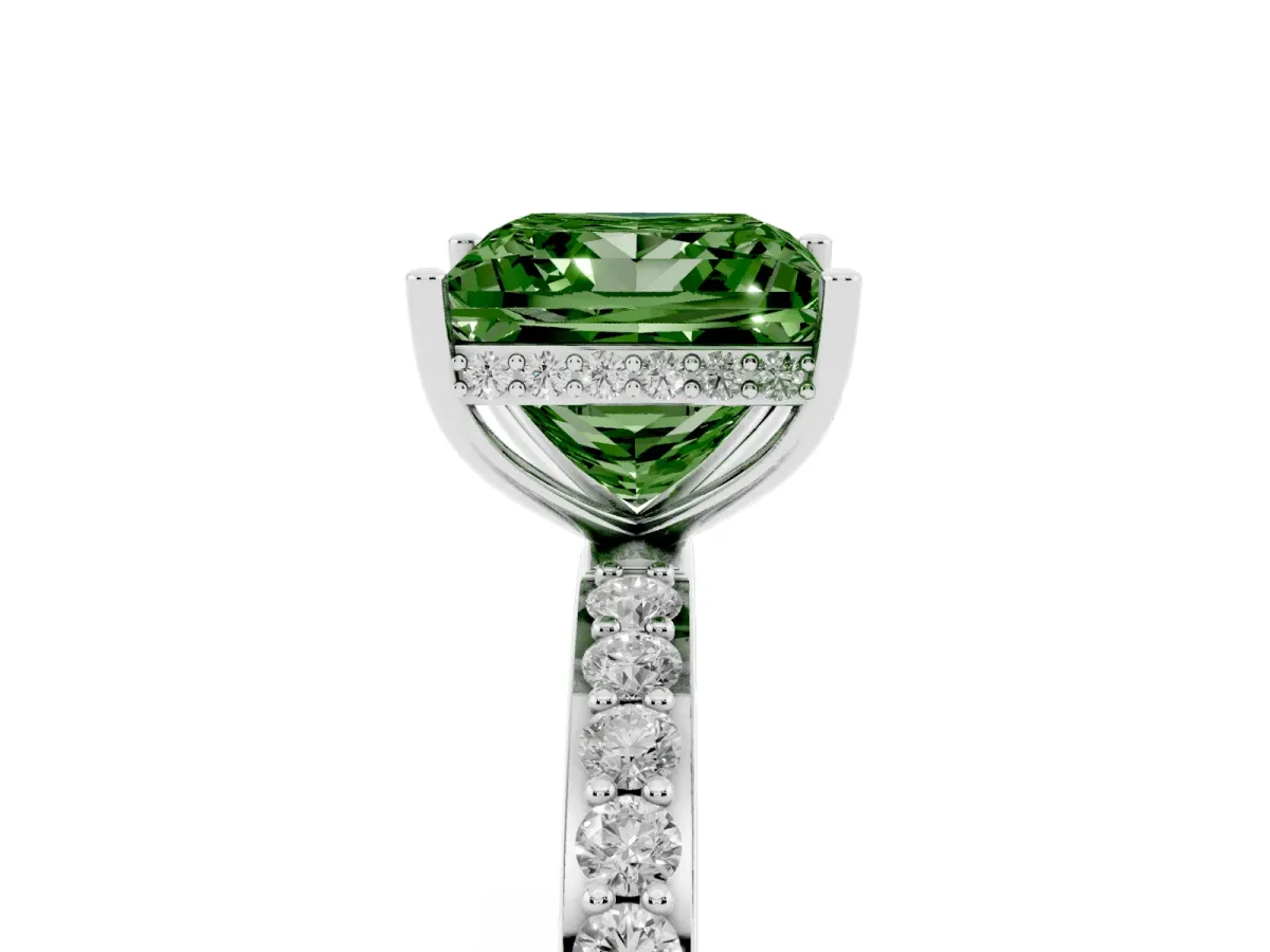 Fancy Green Princess Cut Diamond Solitaire Ring with Pavé Band and Hidden Halo Platinum