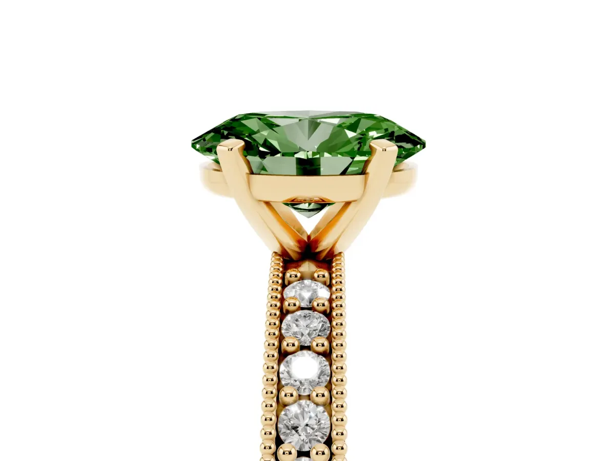 Fancy Green Oval Cut Diamond Milgrain Pavé Engagement Ring with Four-Prong Setting Yellow gold