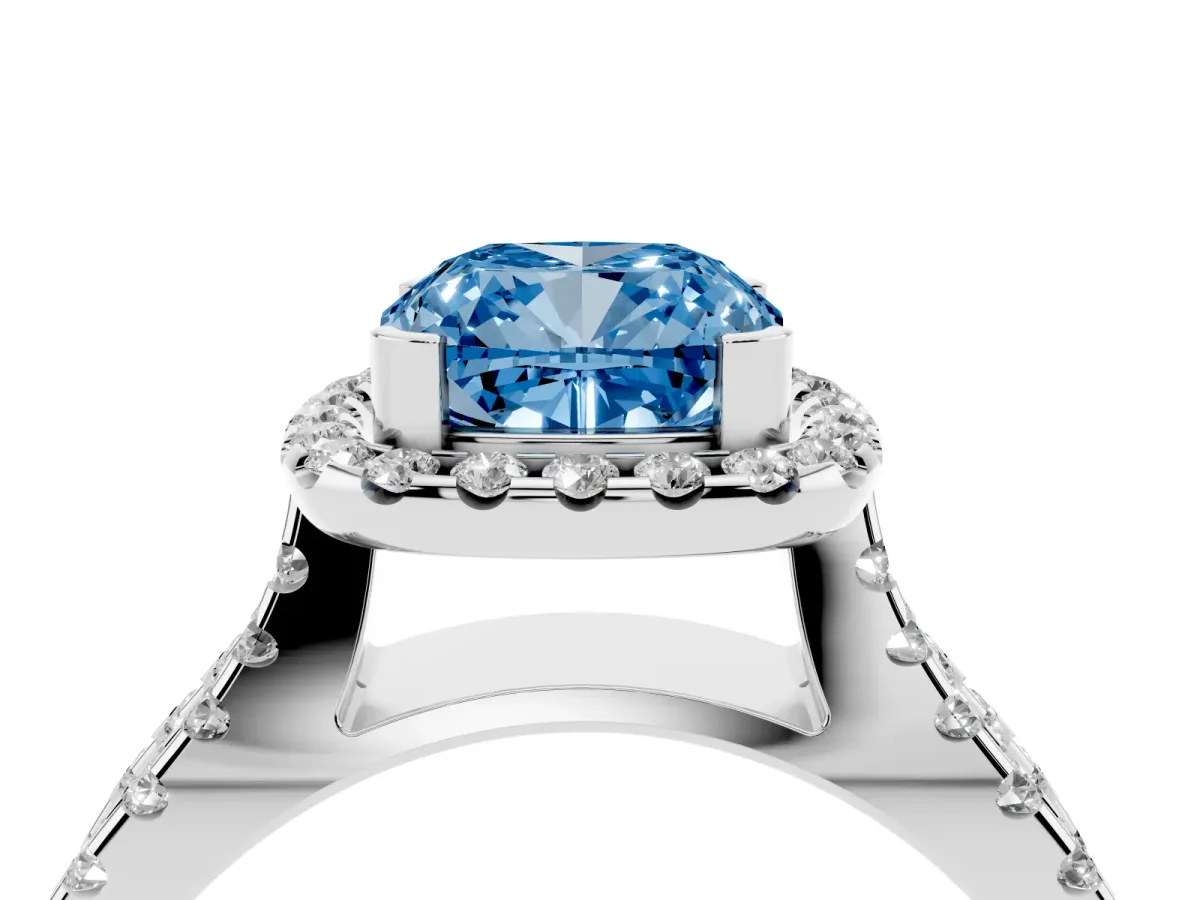 Fancy Blue Cushion Cut Diamond Halo Ring with Split Shank Pavé Band and Prong Setting Silver