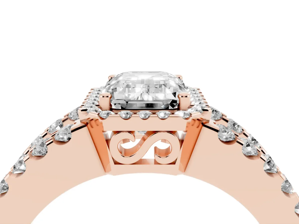 Emerald Cut Cut Halo Split Shank Diamond Ring with Four-Prong Setting Rose gold