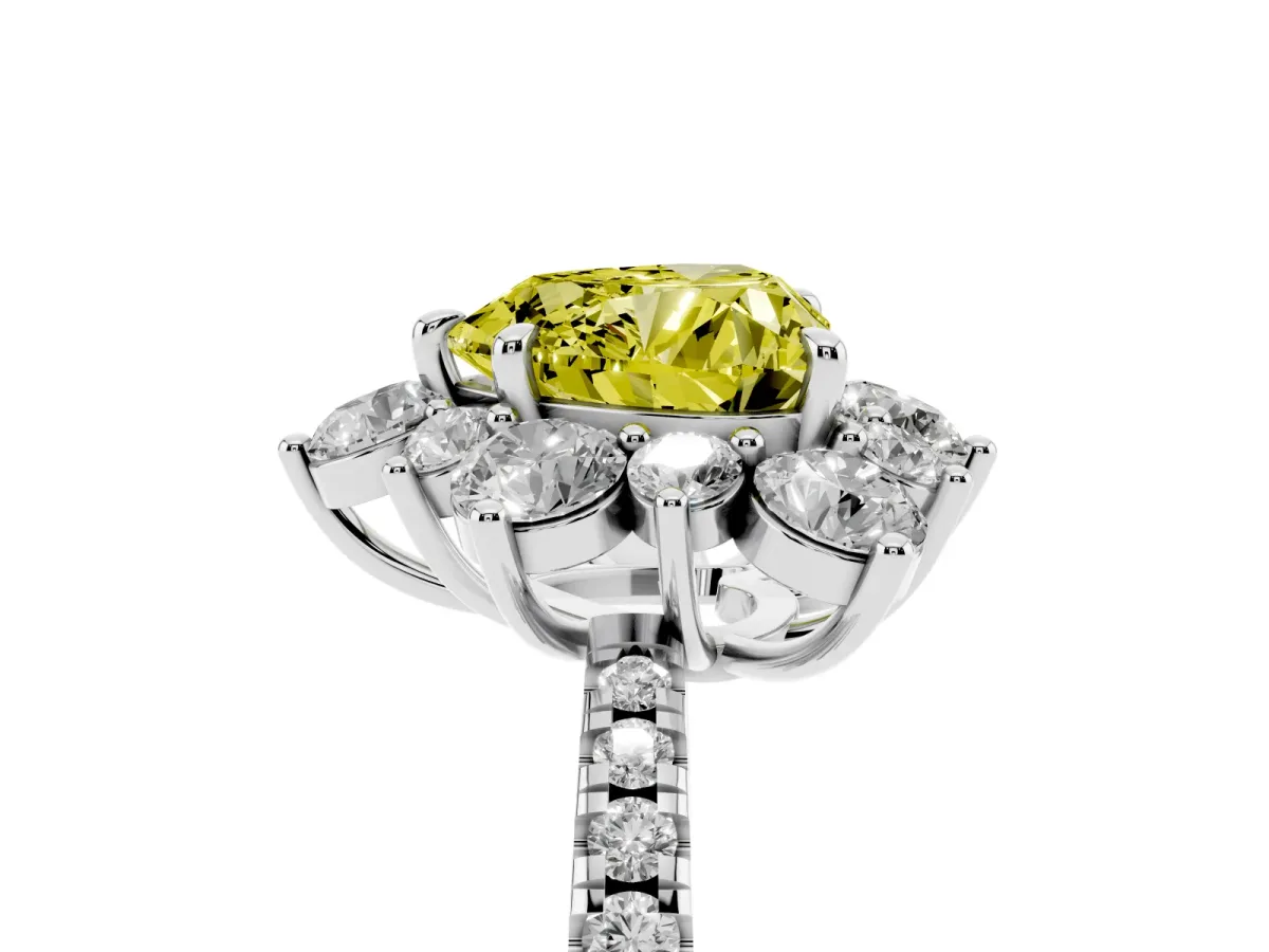 Fancy Yellow Heart Cut Diamond Floral Halo Ring with Round Pavé Band and Prong Setting Silver