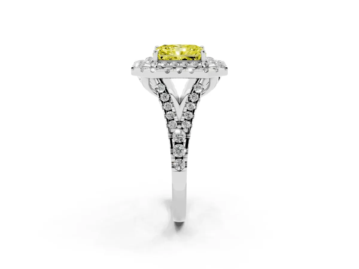 Fancy Yellow Double Halo Radiant Cut Diamond Pavé Split Shank Ring with Prong Setting Silver