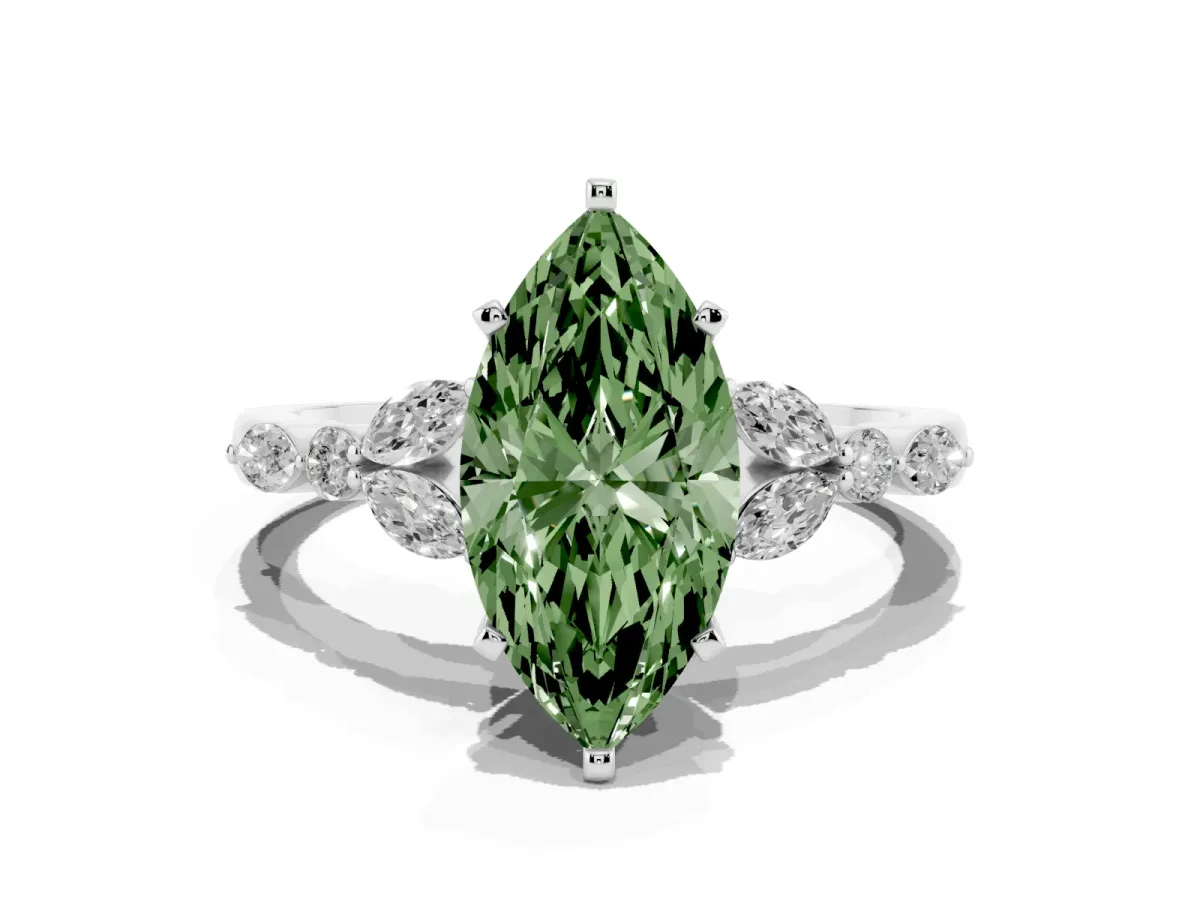 Fancy Green Marquise Cut Diamond Solitaire Ring with Side Stones and Four-Prong Setting Silver