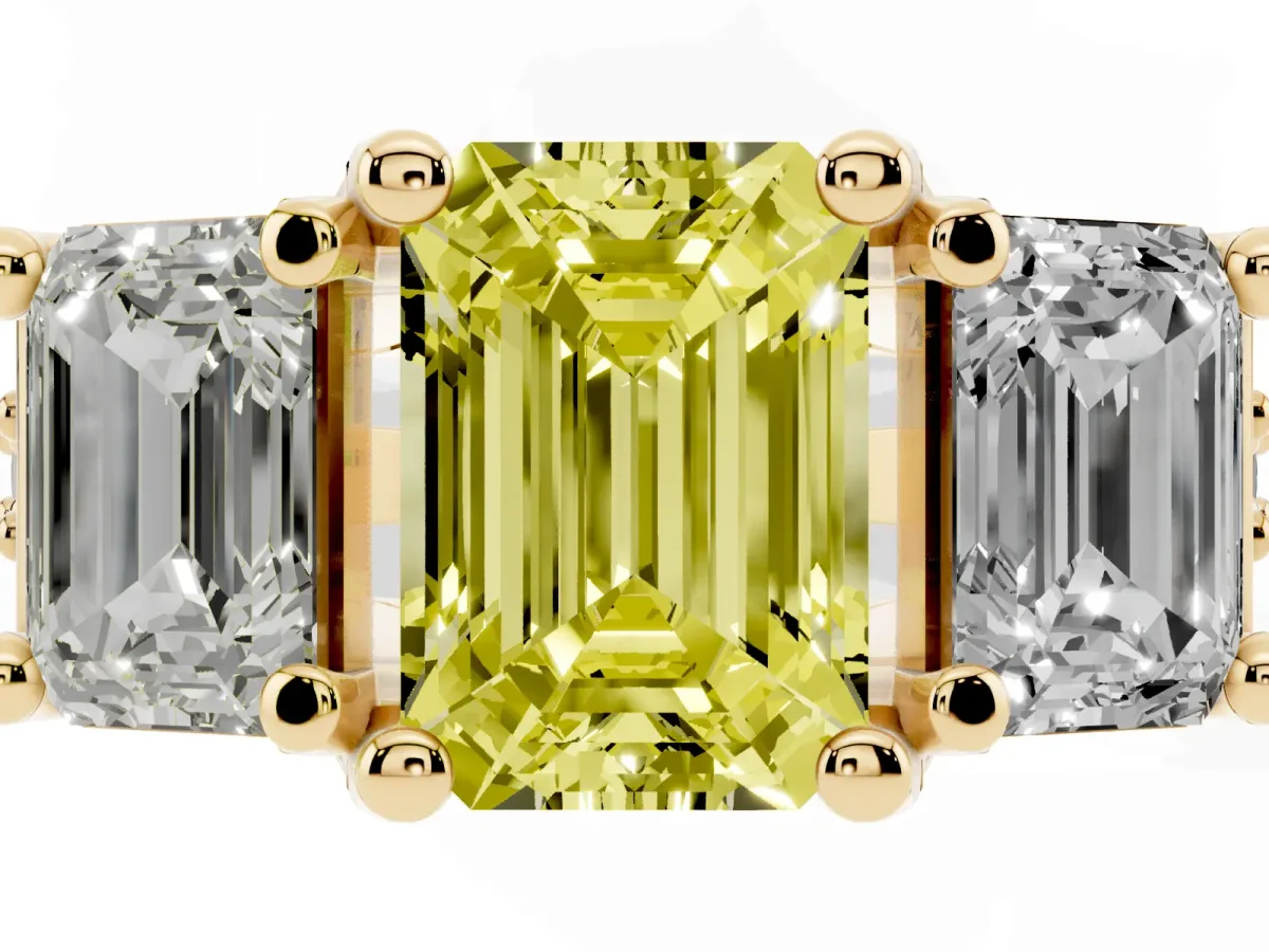 Fancy Yellow Emerald Cut Diamond Three-Stone Ring with Channel Set Band and Four-Prong Setting Yellow gold