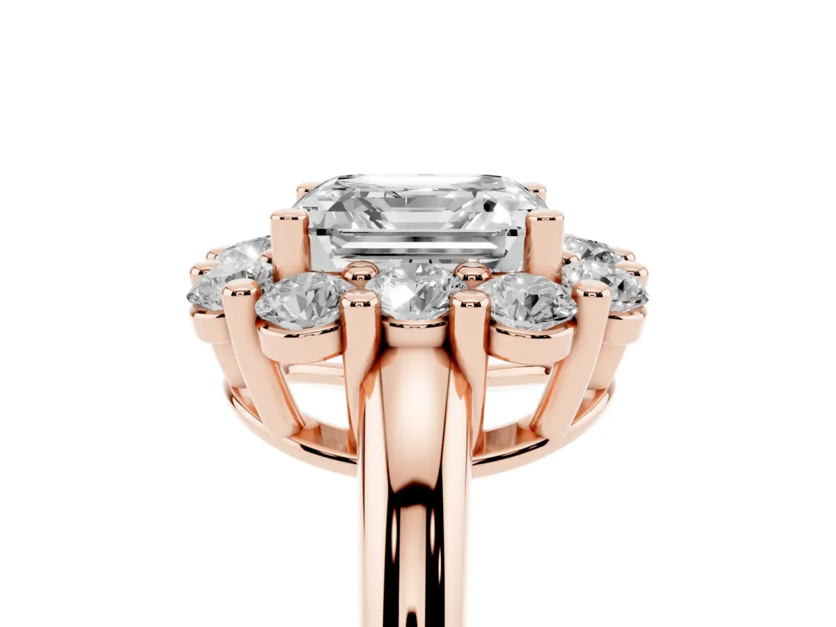 Asscher Cut Halo Cluster Diamond Engagement Ring with Prong Setting and Polished Band Rose gold