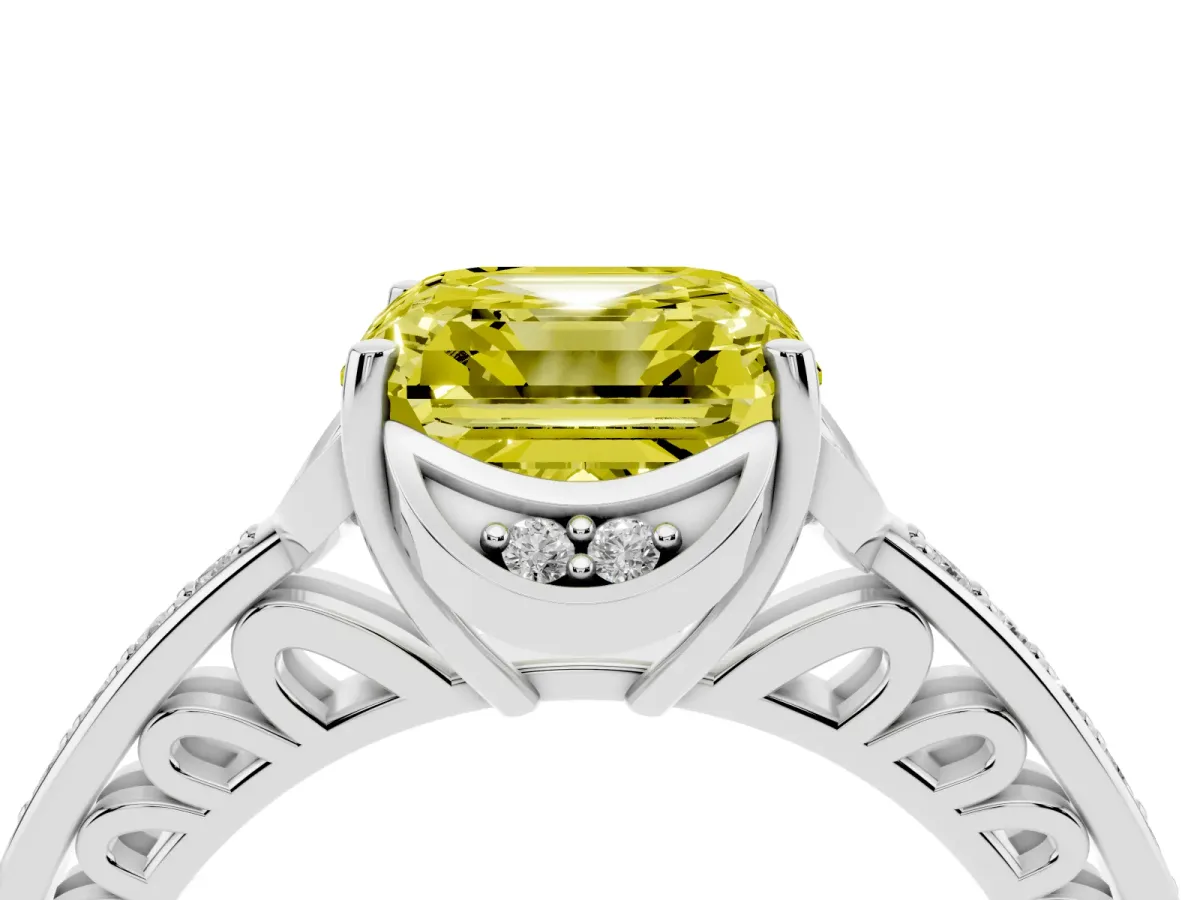 Fancy Yellow Asscher Cut Cut Halo Diamond Ring with Channel Set Band and Four-Prong Setting White gold