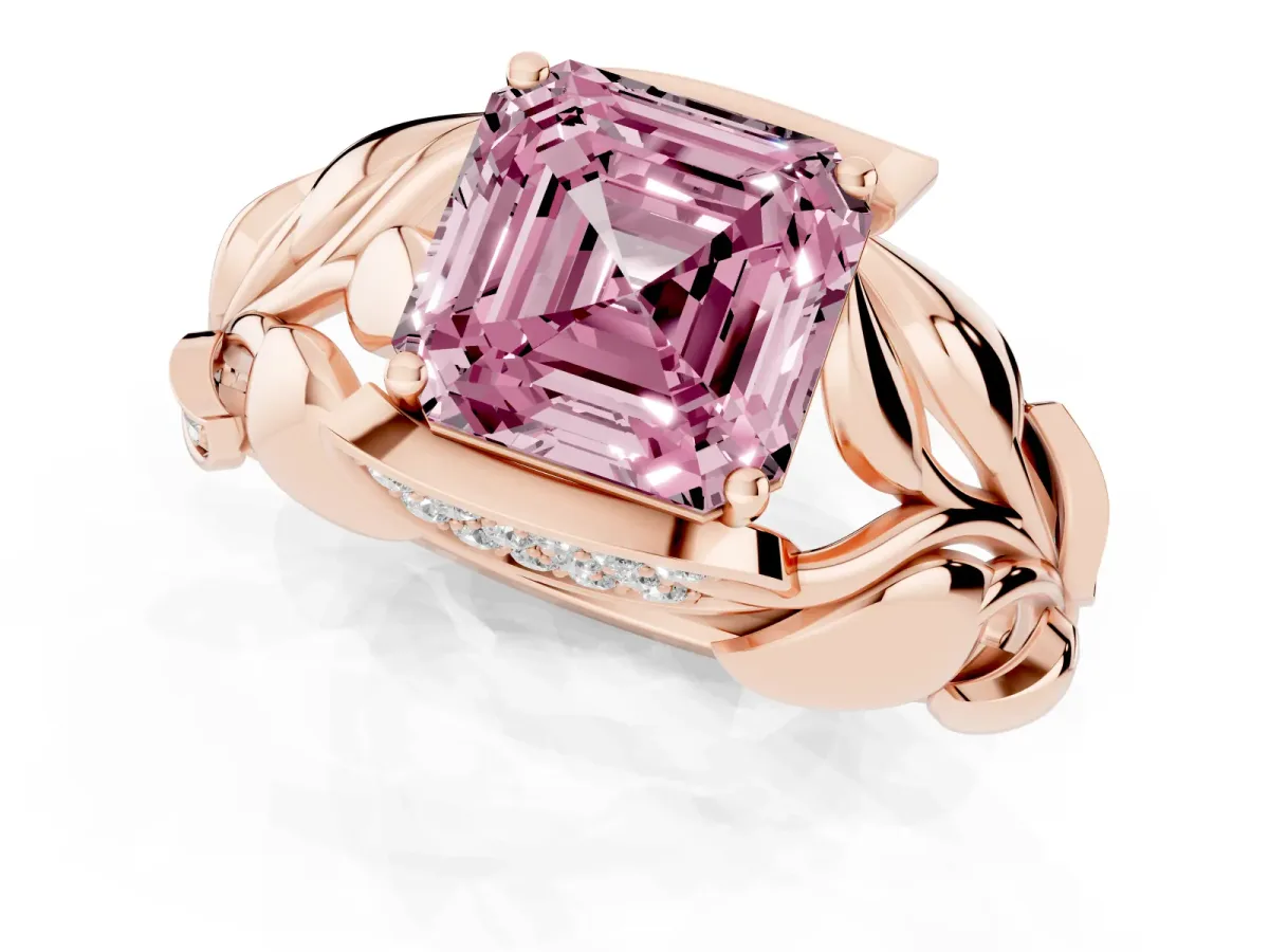 Fancy Pink Asscher Cut Diamond Leaf-Inspired Engagement Ring with Round Accents and Prong Setting Rose gold