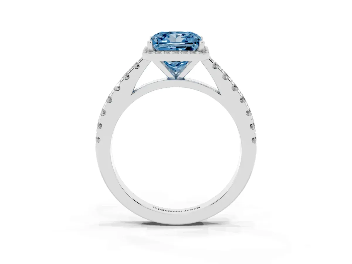 Fancy Blue Princess Cut Cut Halo Diamond Engagement Ring with Pave Band and Four-Prong Setting White gold