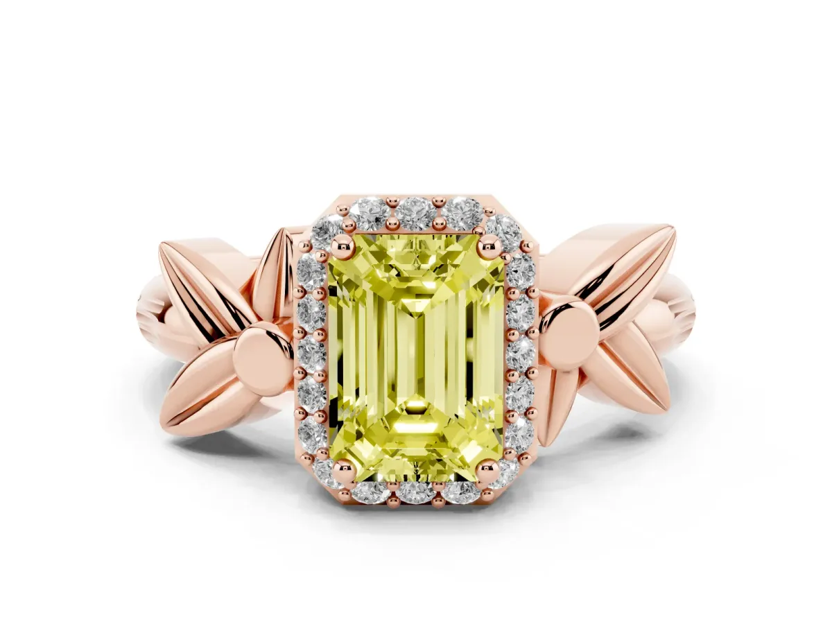 Fancy Yellow Emerald Cut Halo Diamond Floral Band with Four-Prong Setting Rose gold