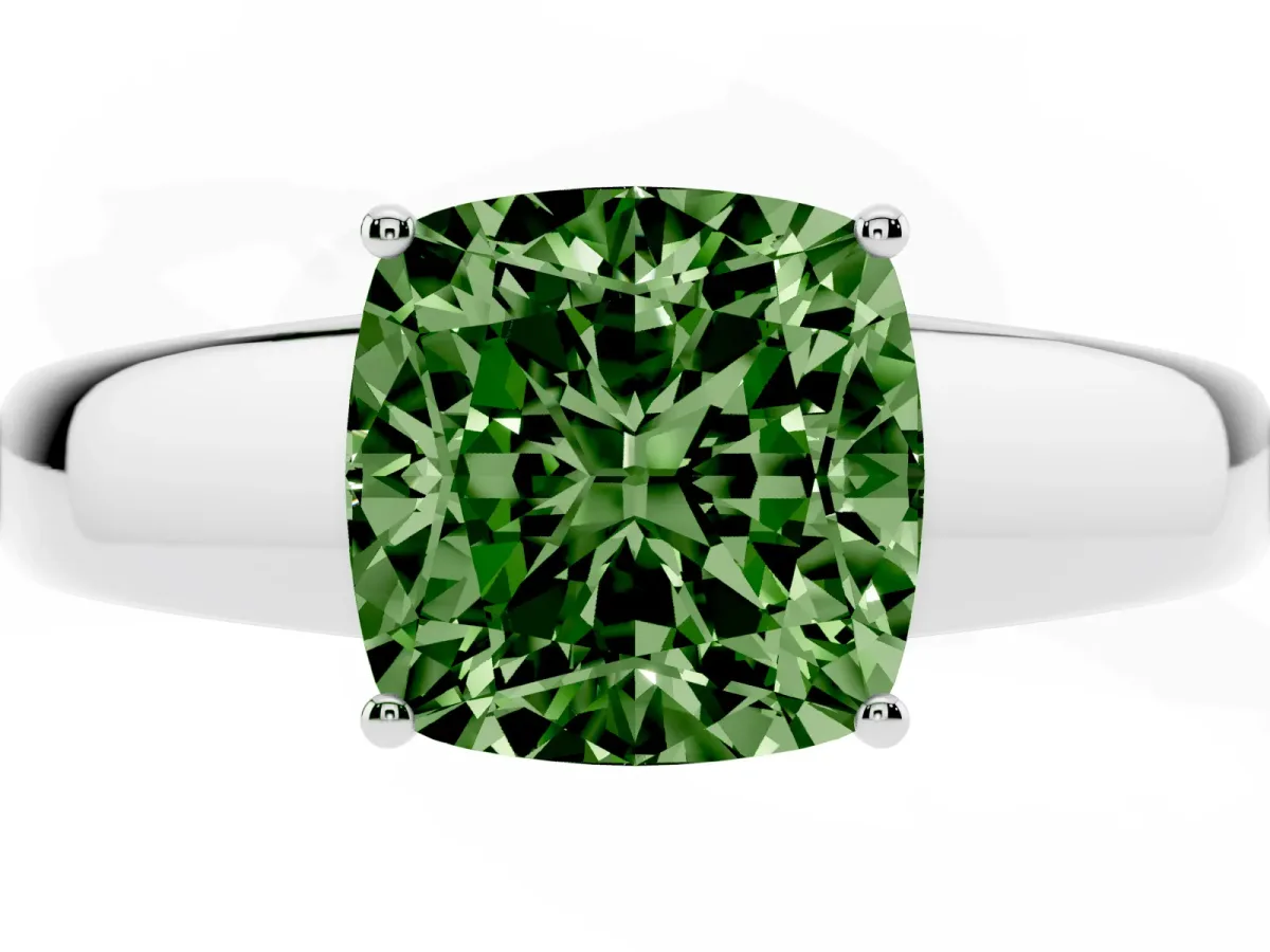 Fancy Green Cushion Cut Solitaire Diamond Ring with Tapered Band and Four-Prong Setting Silver