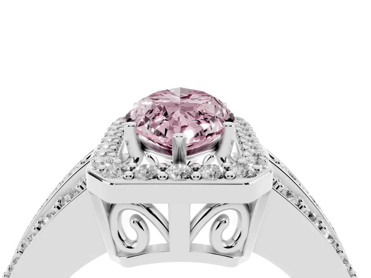 Fancy Pink Marquise Cut Halo Diamond Ring with Round Split Shank and Prong Setting Silver