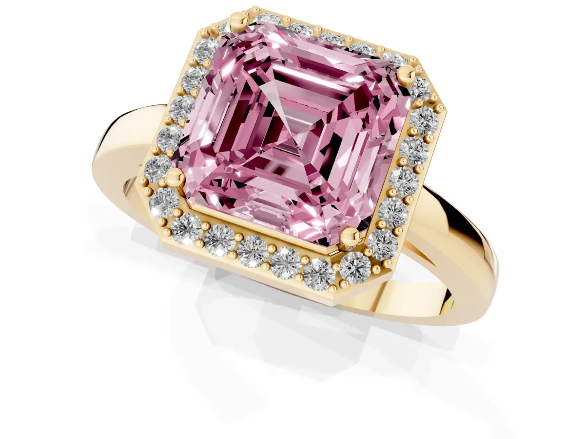 Fancy Pink Asscher Cut Halo Diamond Ring with Solitaire Band and Prong Setting Yellow gold