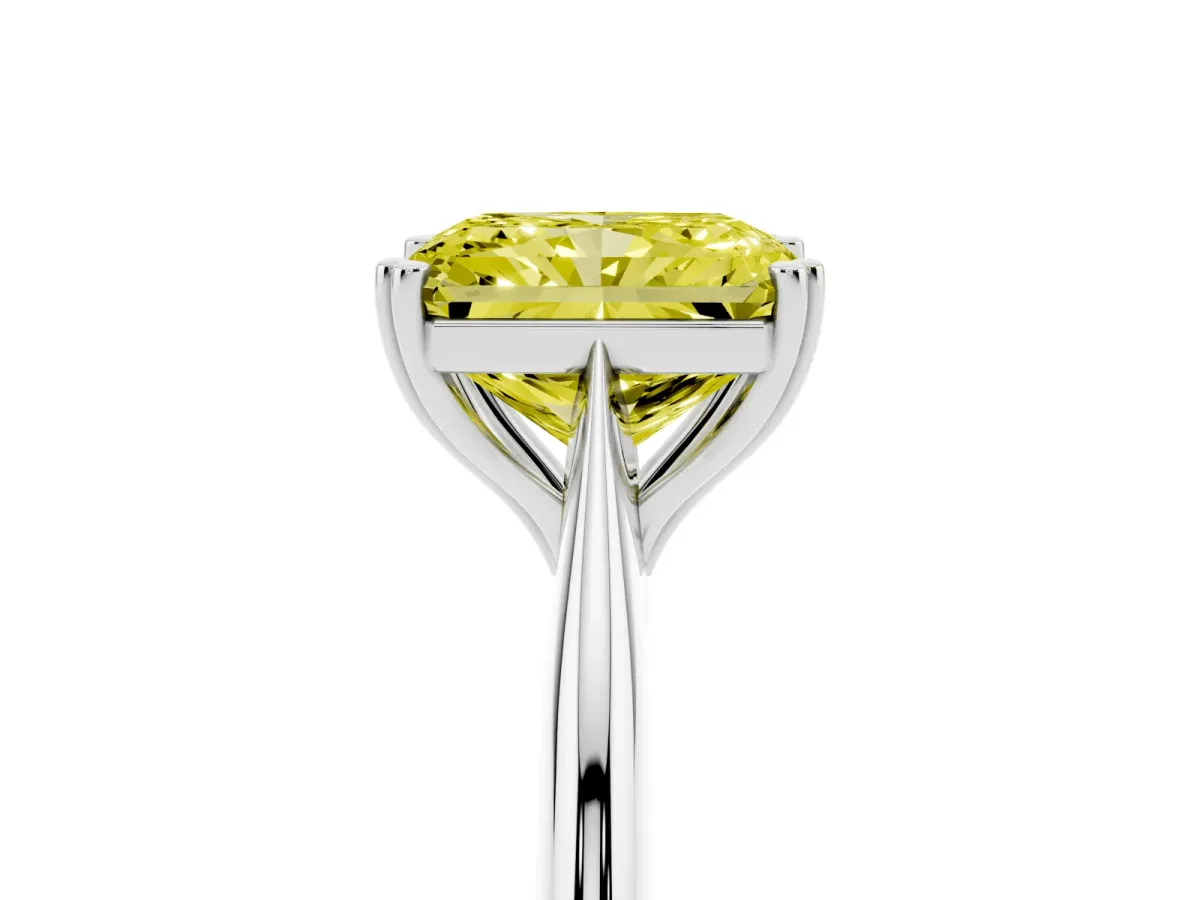 Fancy Yellow Radiant Cut Solitaire Diamond Ring with Six-Prong Setting and Classic Band Silver