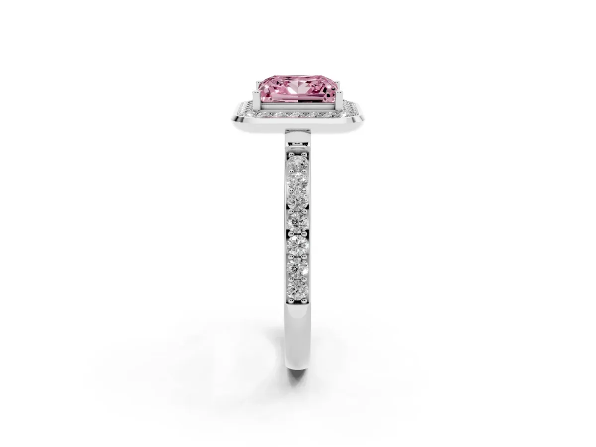 Fancy Pink Princess Cut Diamond Halo Ring with Bezel Frame and Pavé Band Platinum