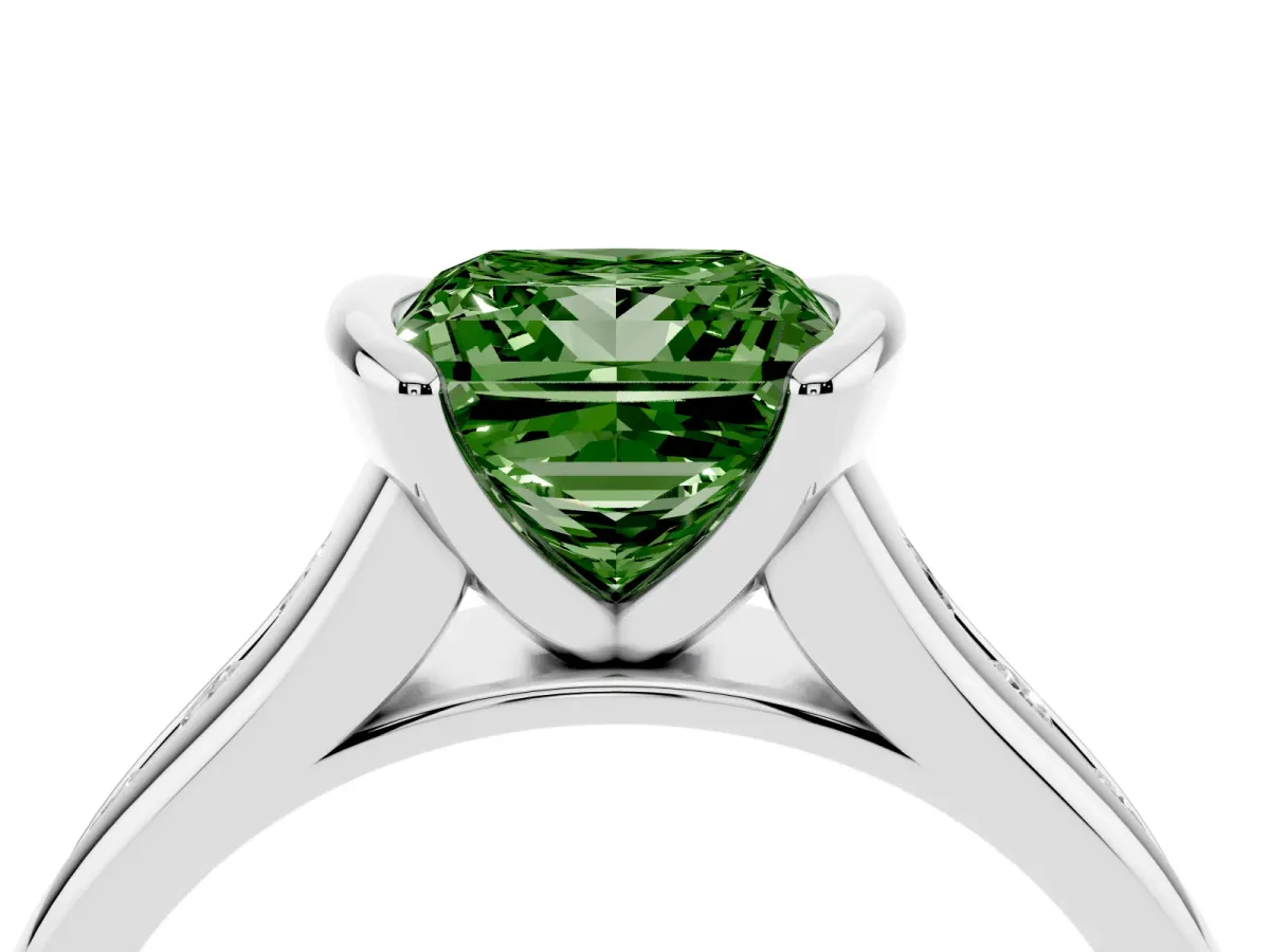 Fancy Green Princess Cut Solitaire Bezel-Set Diamond Ring with Channel-Set Band Silver