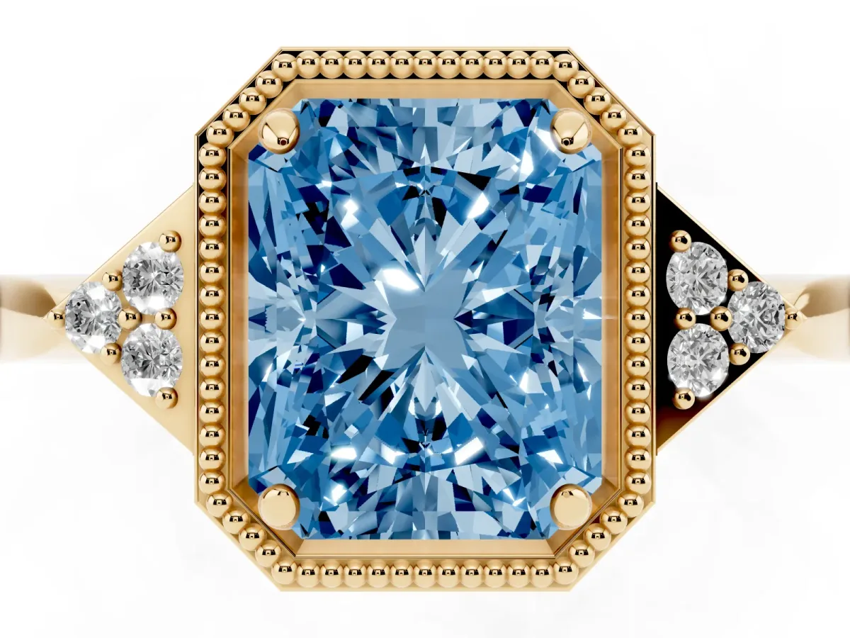 Fancy Blue Radiant Cut Diamond Halo Ring with Tapered Band and Four-Prong Setting Yellow gold