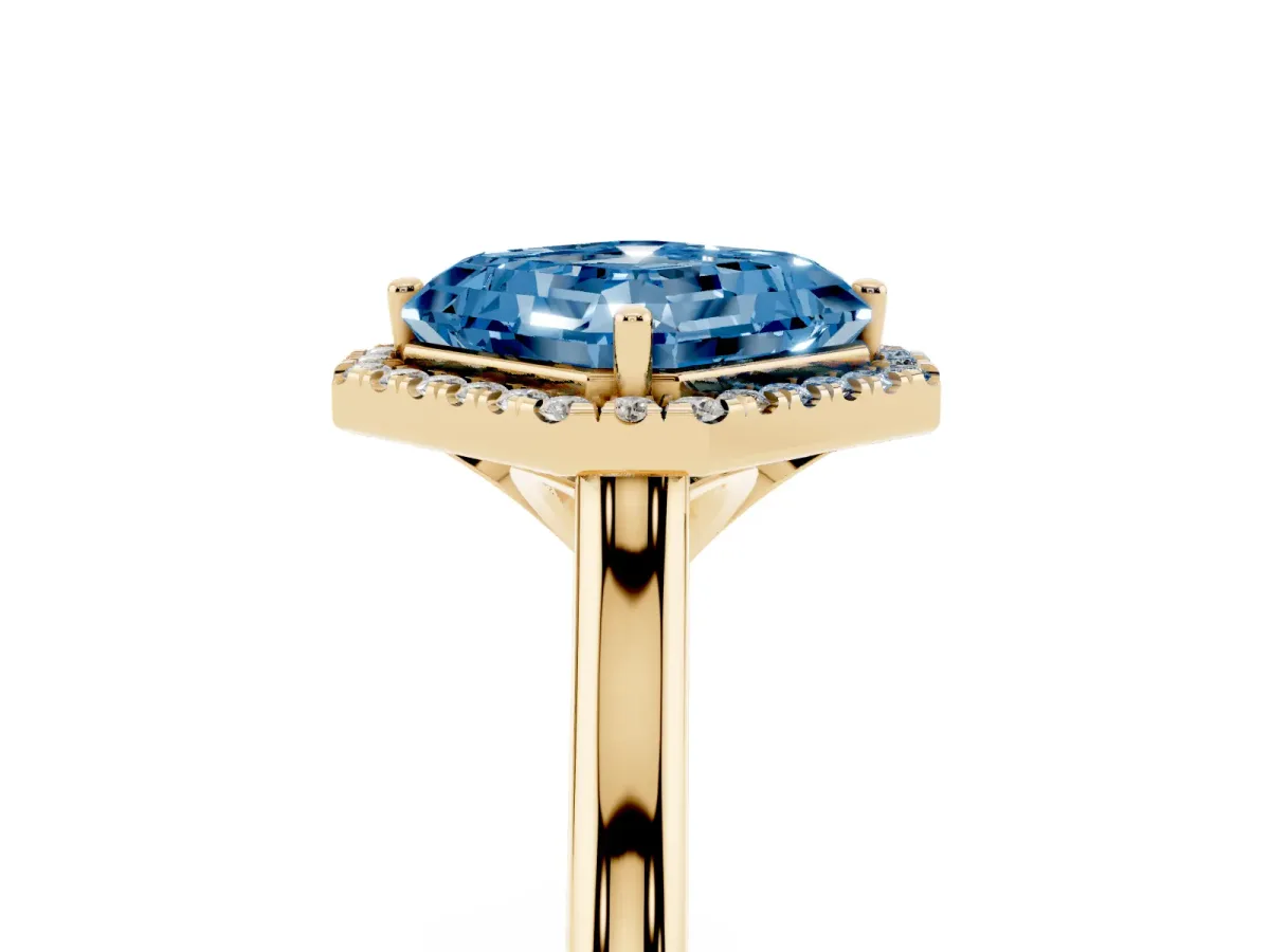 Fancy Blue Asscher Cut Halo Round Diamond Solitaire Engagement Ring with Pave Band and Four-Prong Setting Yellow gold