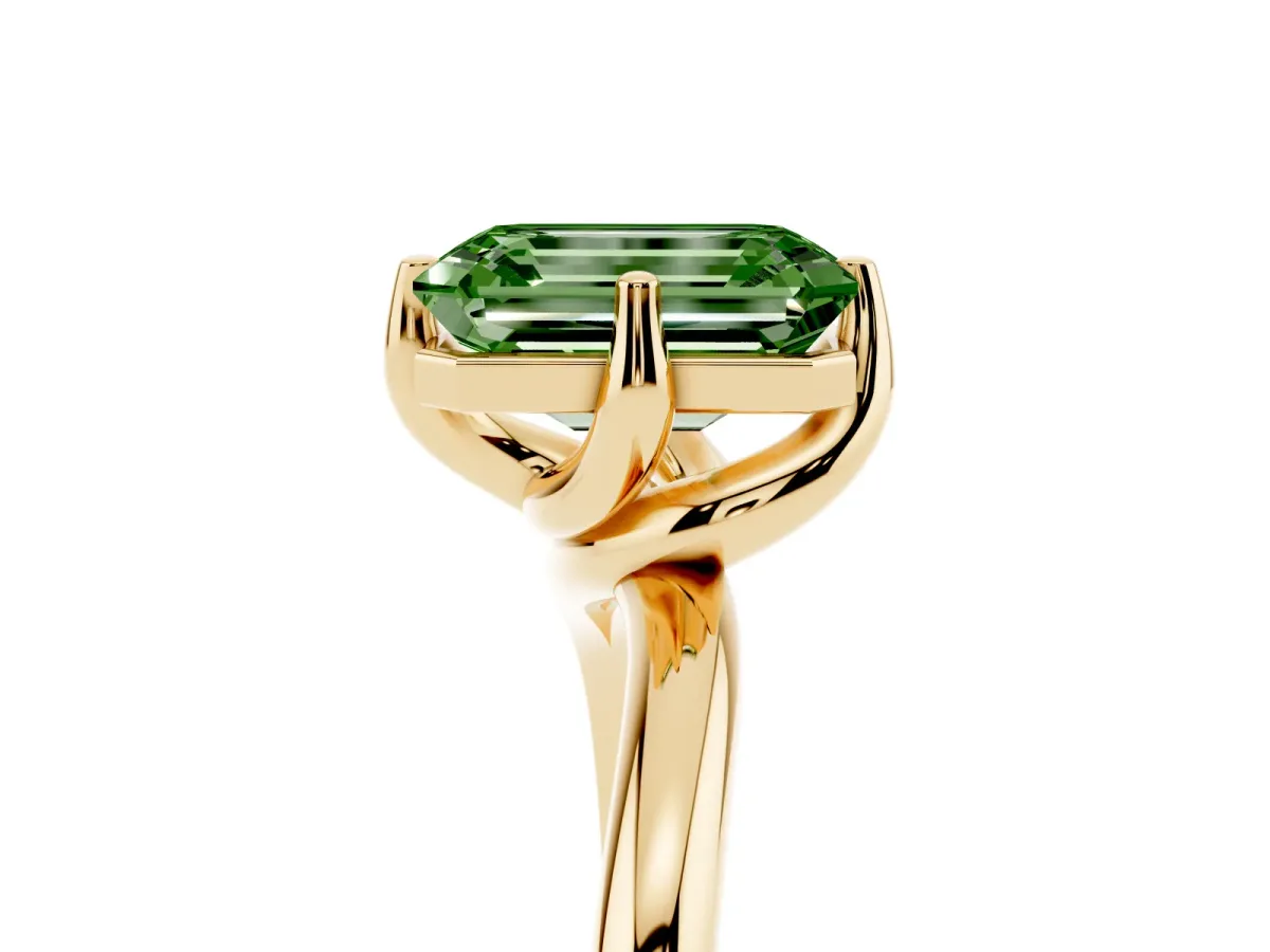 Fancy Green Emerald Cut Diamond Solitaire Engagement Ring with Four-Prong Setting and Classic Band Yellow gold