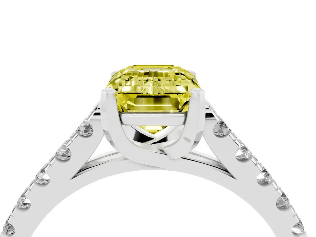 Fancy Yellow Emerald Cut Diamond Pavé Band Solitaire Ring with Prong Setting Silver