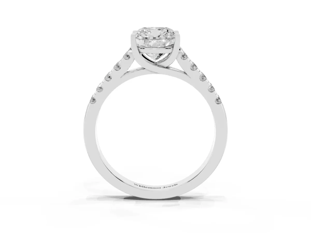 Cushion Cut Diamond Pavé Band Solitaire Ring with Prong Setting Platinum