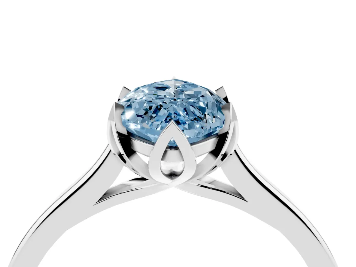 Fancy Blue Marquise Cut Diamond Solitaire Ring with Flower Prong Setting and Classic Band Silver