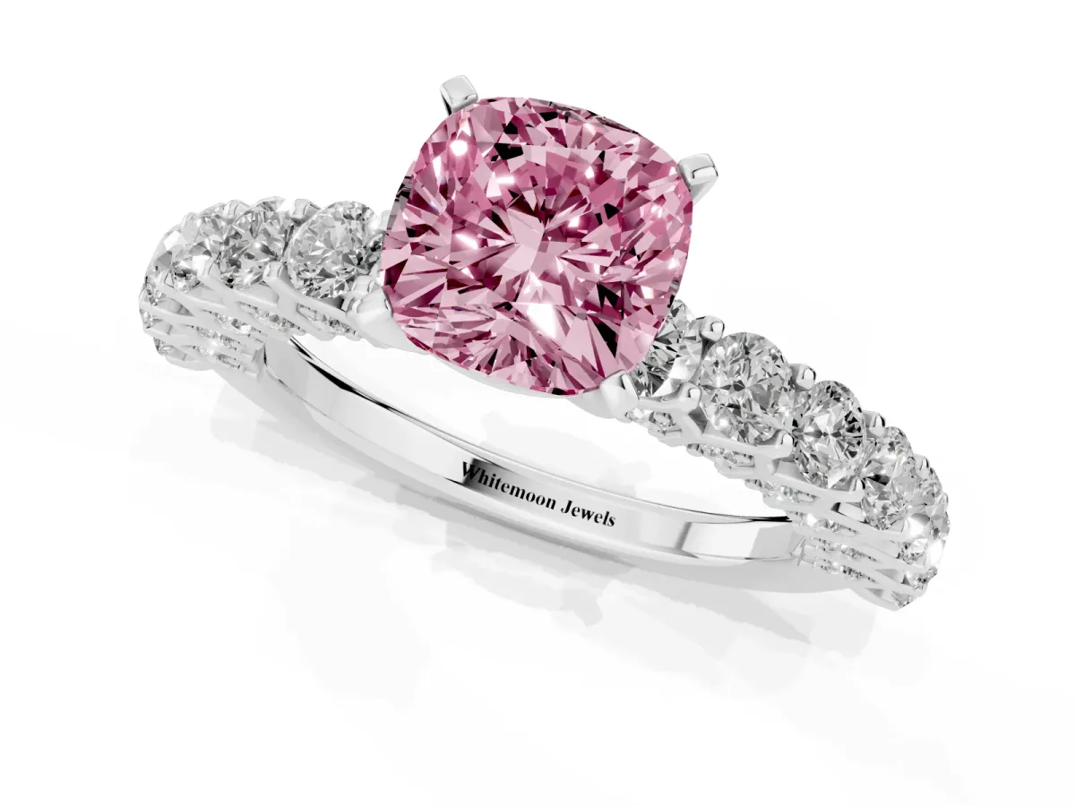 Fancy Pink Cushion Cut Diamond Solitaire Ring with Shared Prong Pavé Band and Four-Prong Setting Silver