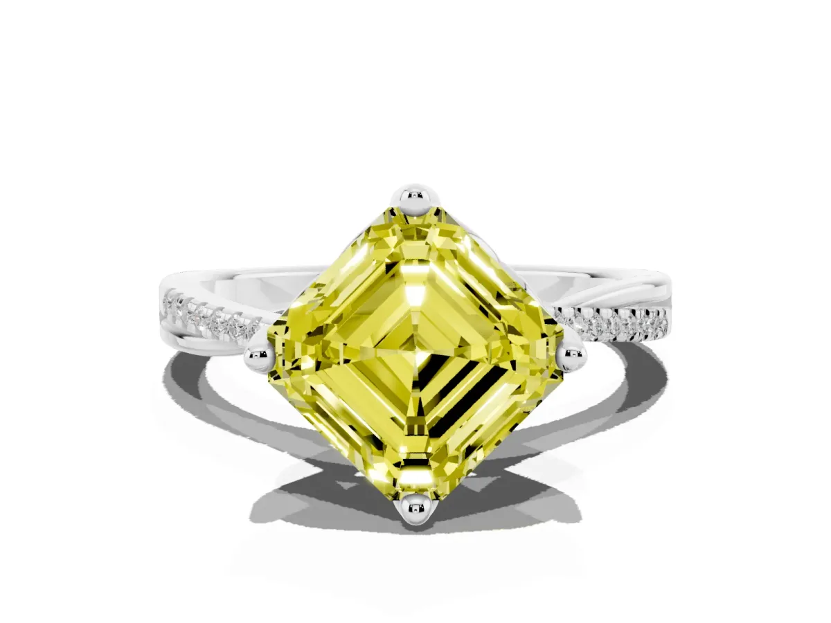 Fancy Yellow Asscher Cut Solitaire Twist Band with Pavé Diamonds and Four-Prong Setting Silver