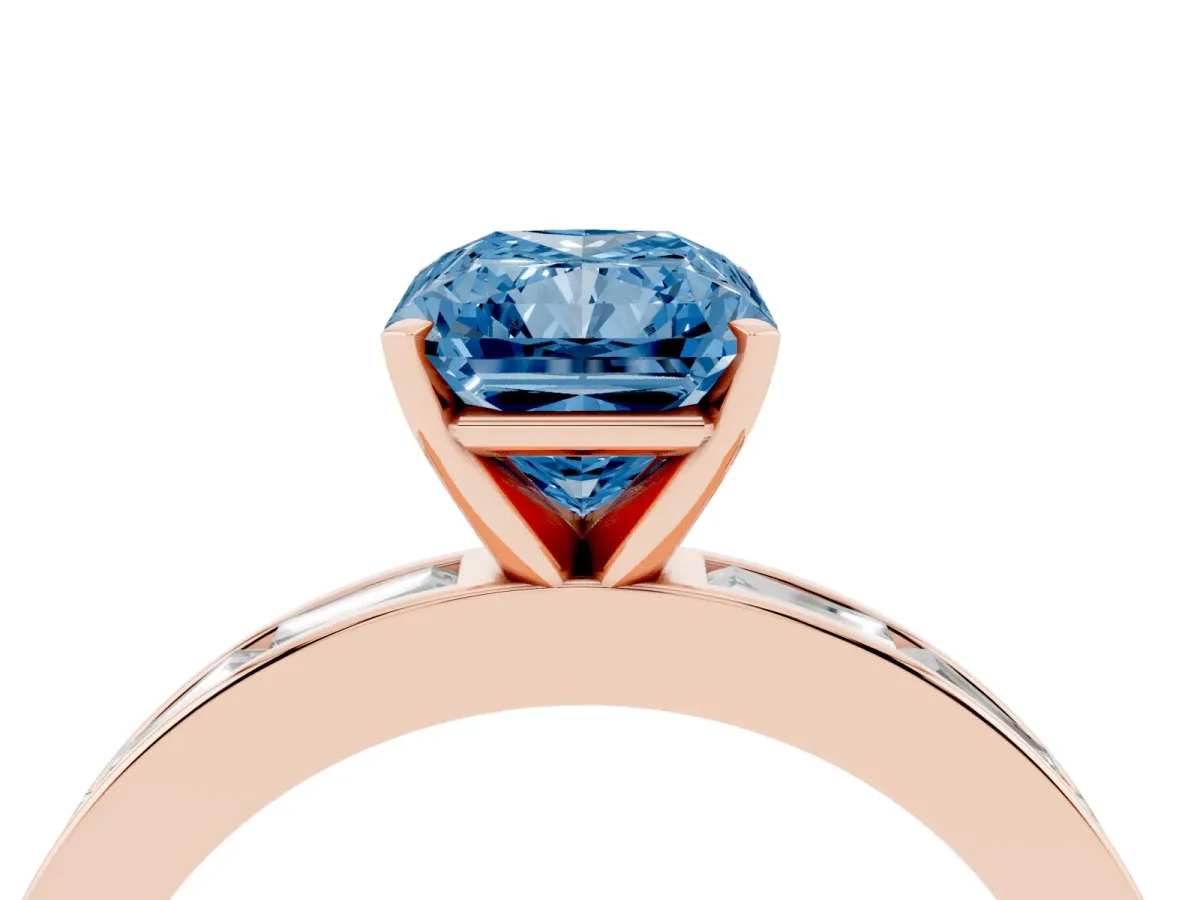 Fancy Blue Radiant Cut Solitaire Diamond Ring with Channel-Set Baguette Band and Four-Prong Setting Rose gold