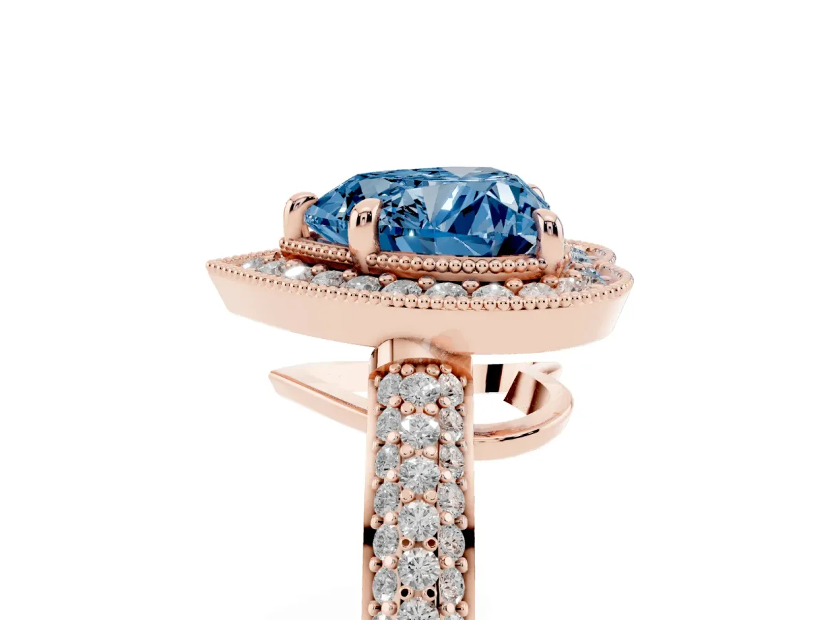 Fancy Blue Heart Cut Cut Halo Diamond Pave Band with Four-Prong Setting Rose gold