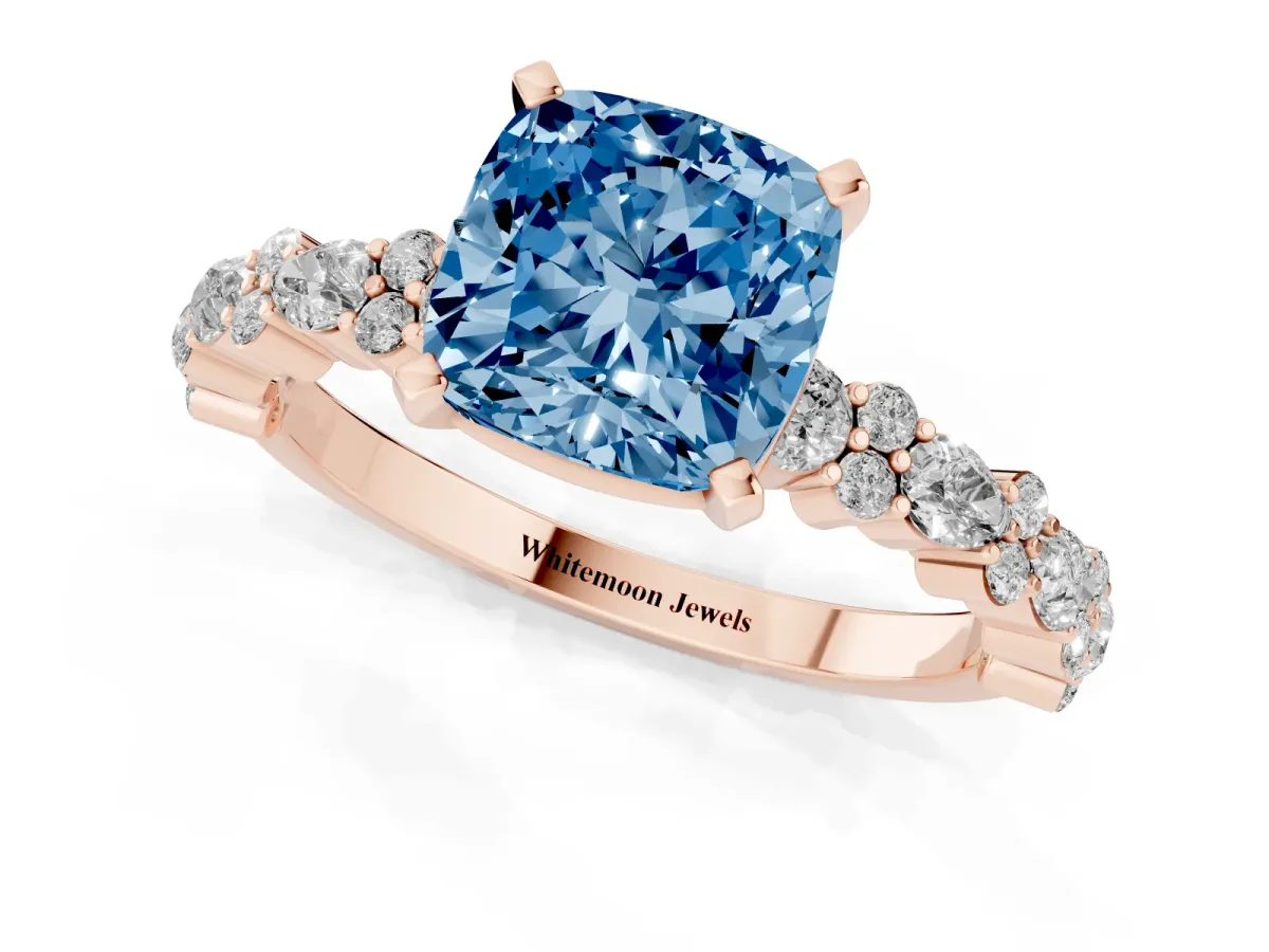 Fancy Blue Cushion Cut Diamond Side Stone Solitaire Ring with Round and Four-Prong Setting Rose gold